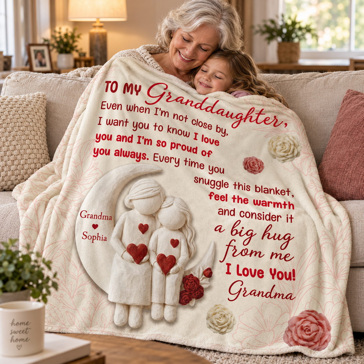 Personalized To My Granddaughter blanket shared by a grandmother and granddaughter on a sofa