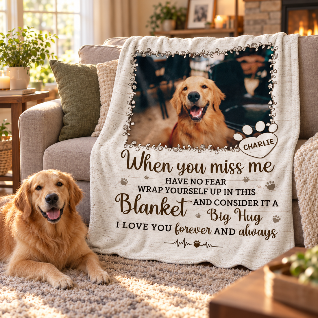 Personalized pet memorial A Big Hug From Me blanket draped over a sofa with a golden retriever nearby