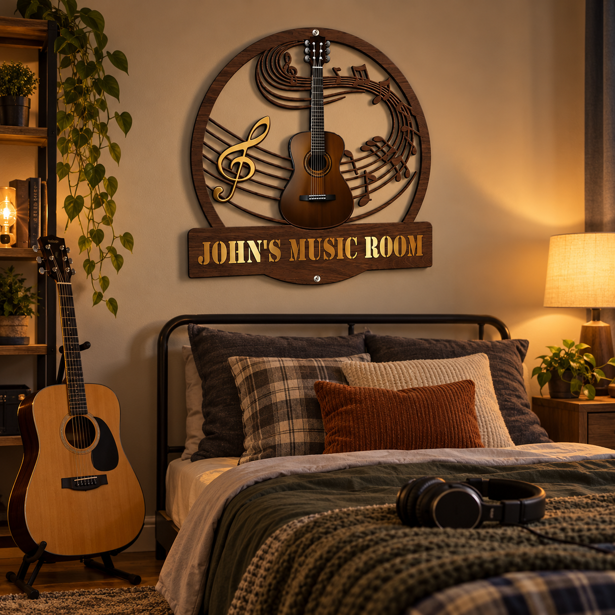 Personalized music room guitar wall sign with a name hanging in a teenager's bedroom beside an acoustic guitar