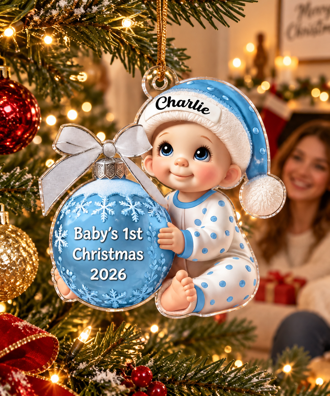 Personalized Baby's 1st Christmas acrylic ornament with blue bauble on a Christmas tree with a smiling mom behind