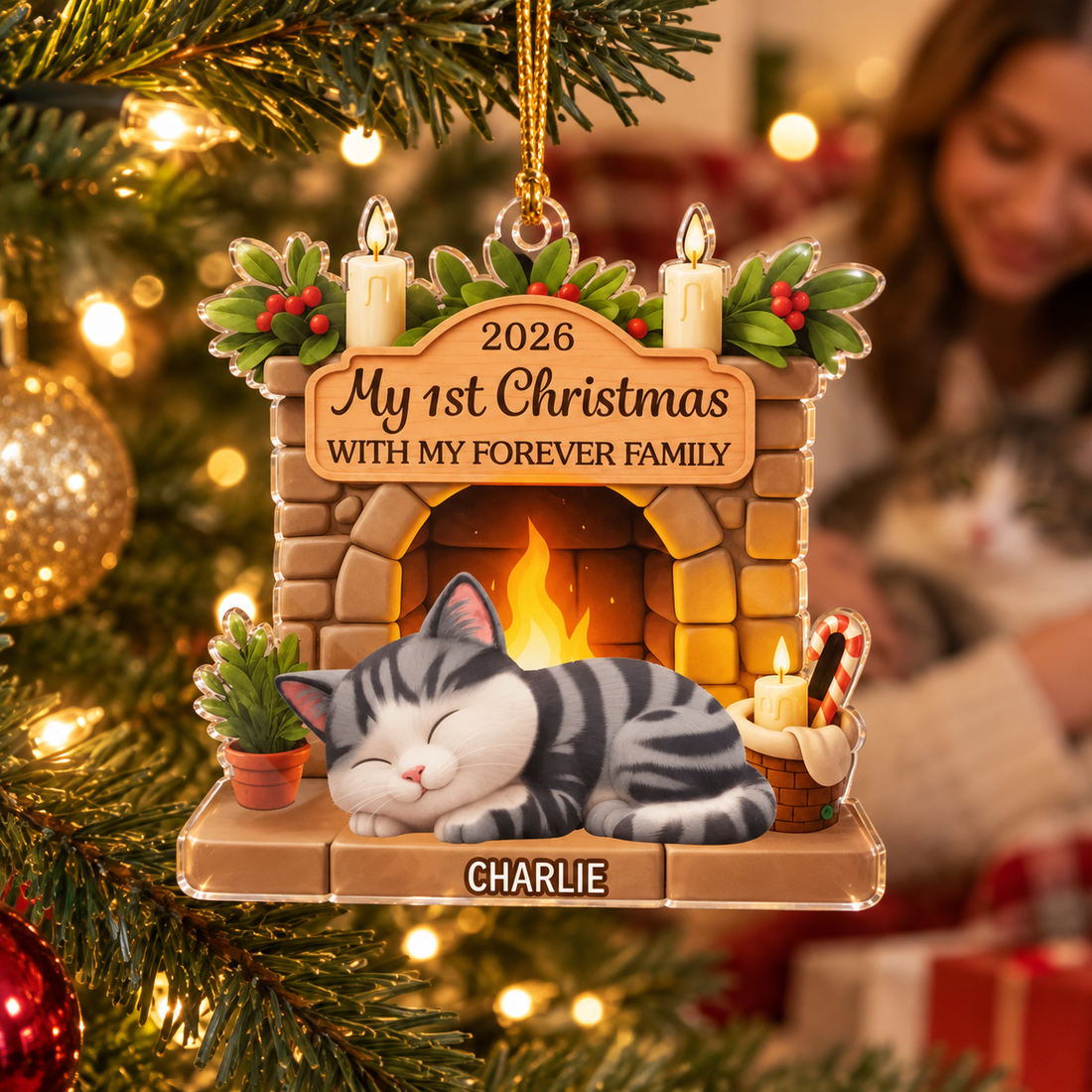 Personalized cat fireplace My 1st Christmas With My Forever Family acrylic ornament on a Christmas tree