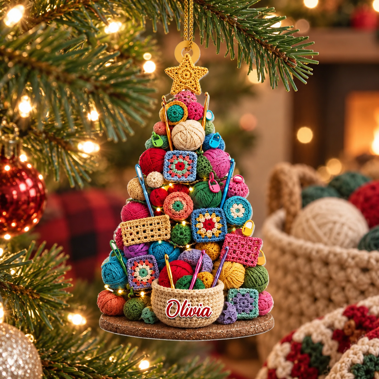 Personalized crochet yarn Christmas tree acrylic ornament with name Olivia on a Christmas tree with a yarn basket