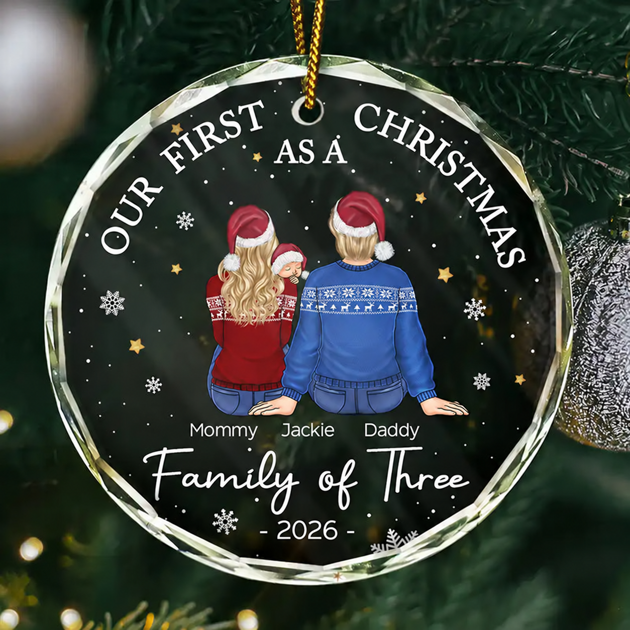 First Christmas As A Family Of Three New Parents - Personalized Circle Glass Ornament - Babies 1st Christmas Gifts