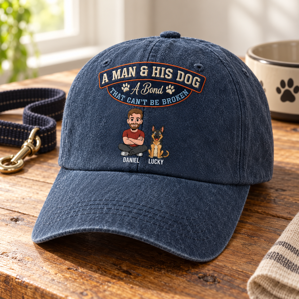 Personalized A Man and His Dog vintage washed denim cap on a wooden table with a leash