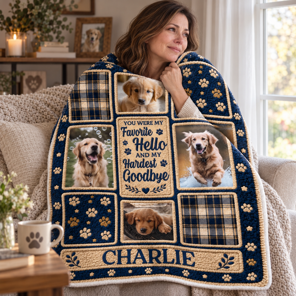 Woman wrapped in a personalized golden retriever photo paw print blanket by a window
