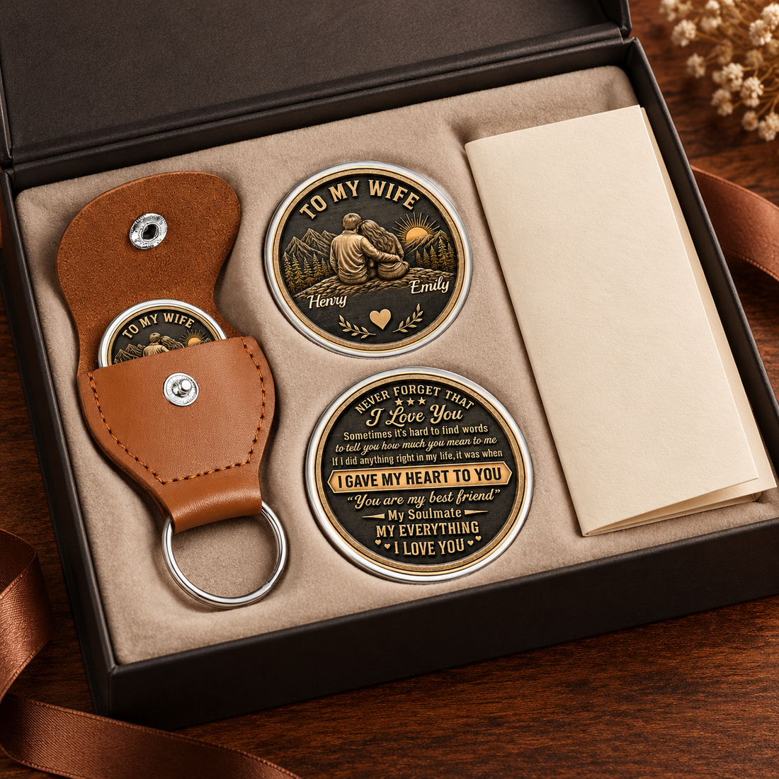 Personalized To My Wife pocket hug coin set in an open gift box with a letter