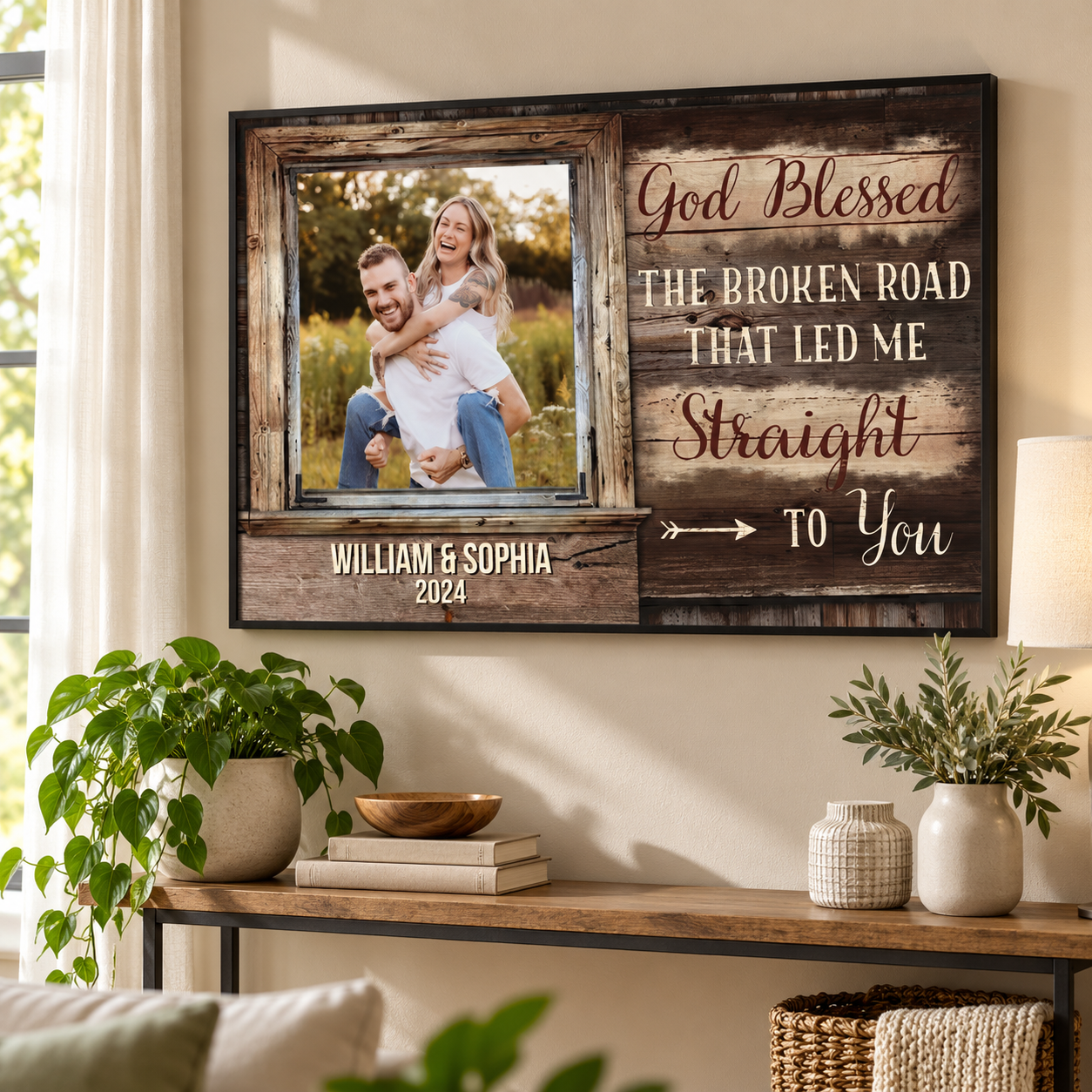 Custom photo God Bless the Broken Road canvas print on a living room wall with a console table
