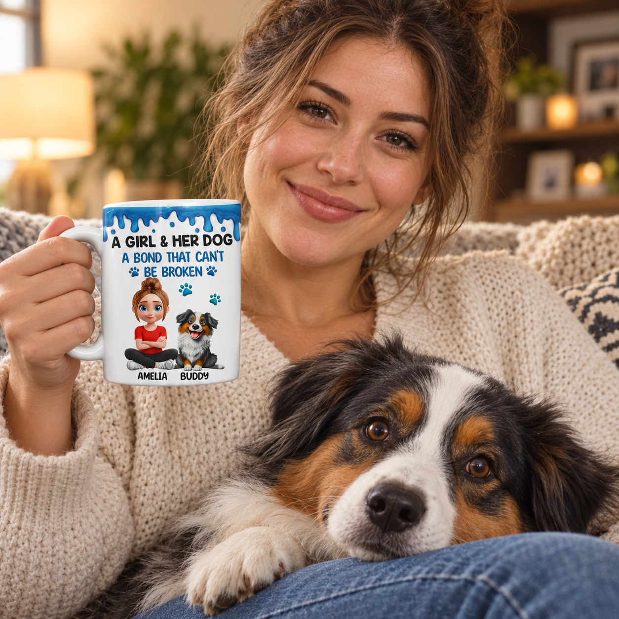 Young woman holding a custom girl and dog bond mug while her dog rests on her lap