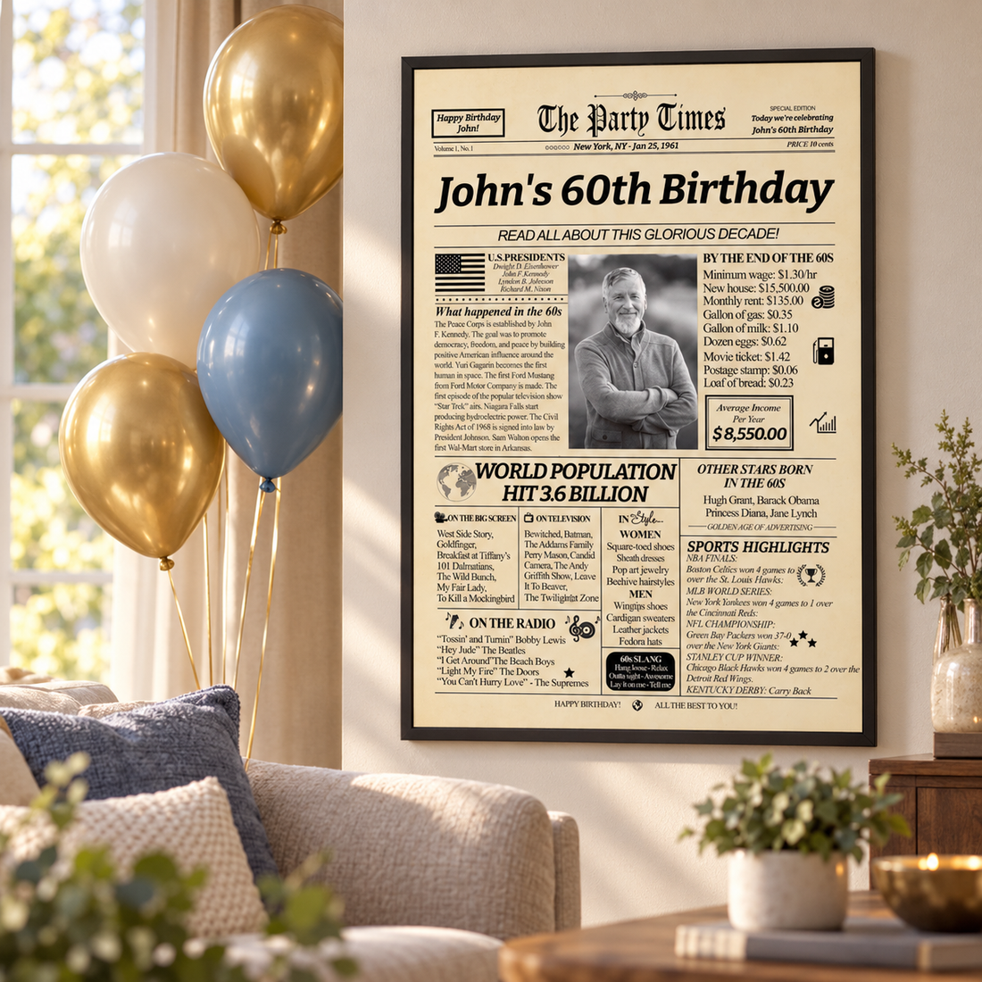 Custom photo birthday newspaper canvas print framed on a wall with party balloons