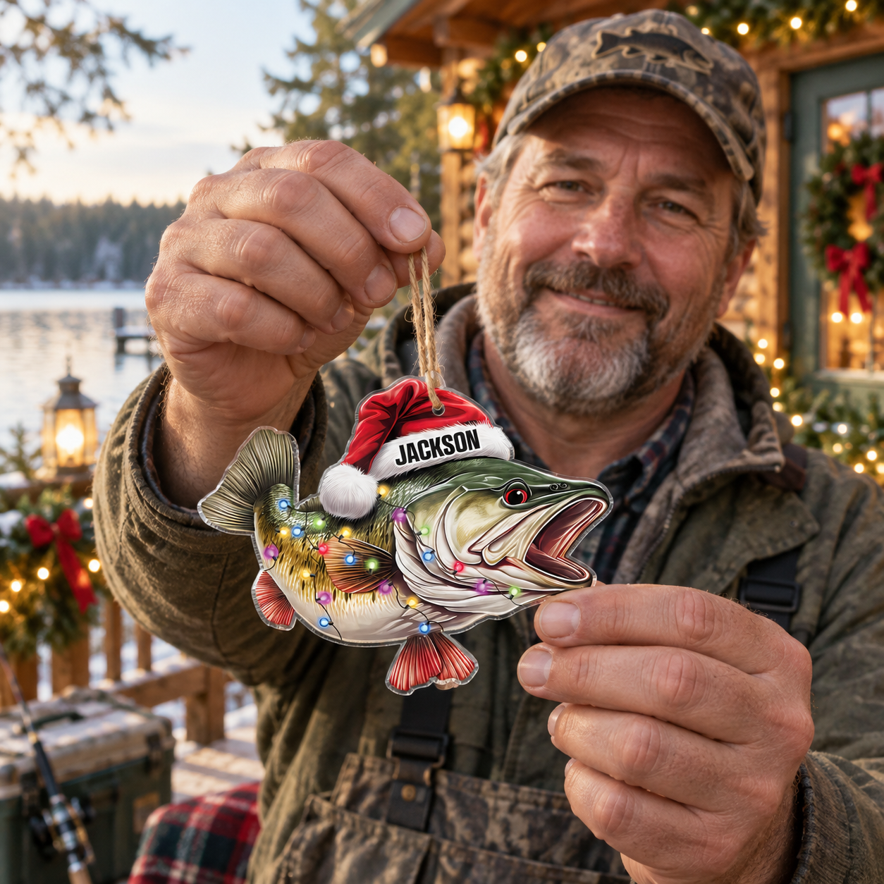 Fisherman holding a personalized bass fish acrylic ornament at a lake cabin at Christmas