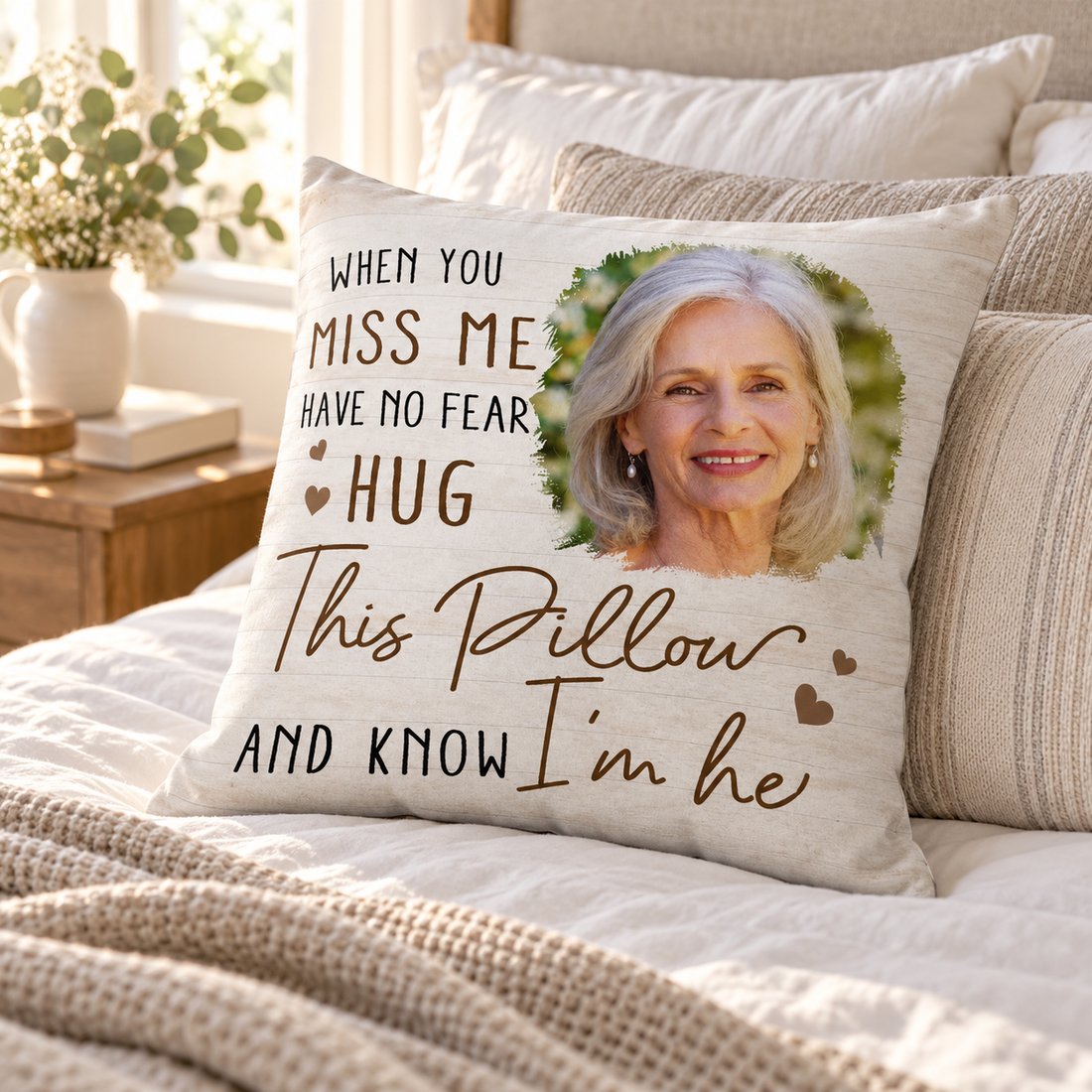Personalized photo memorial hug this pillow placed on a bed in a bright bedroom