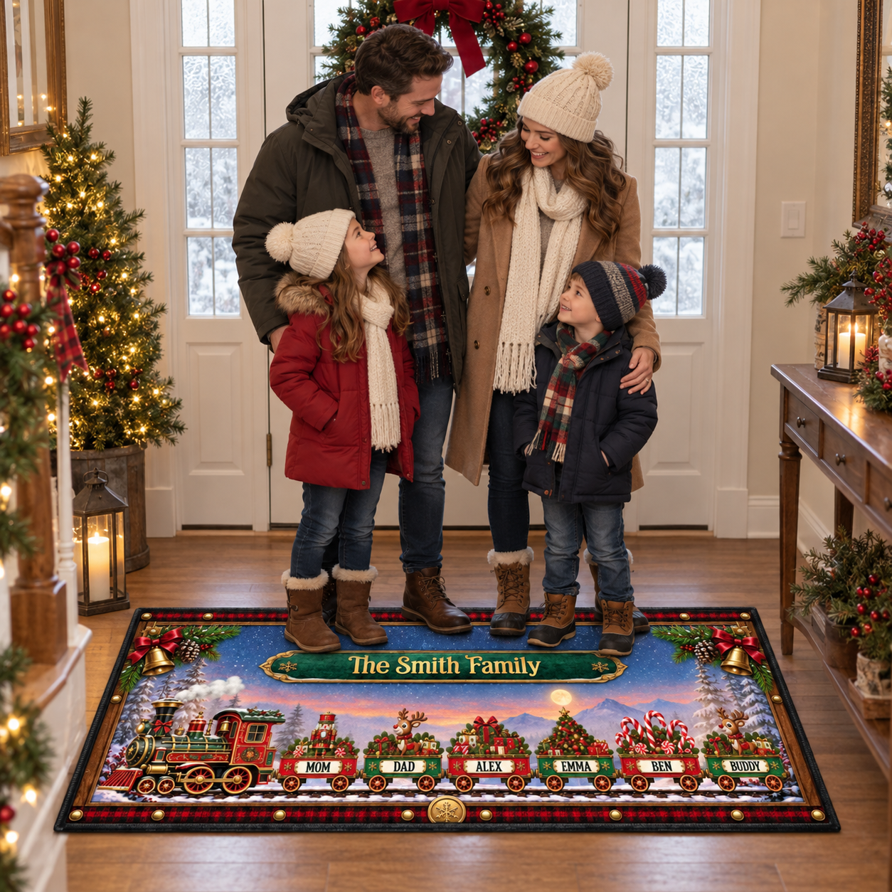 Family of four standing on a personalized Christmas train runner rug in the entryway