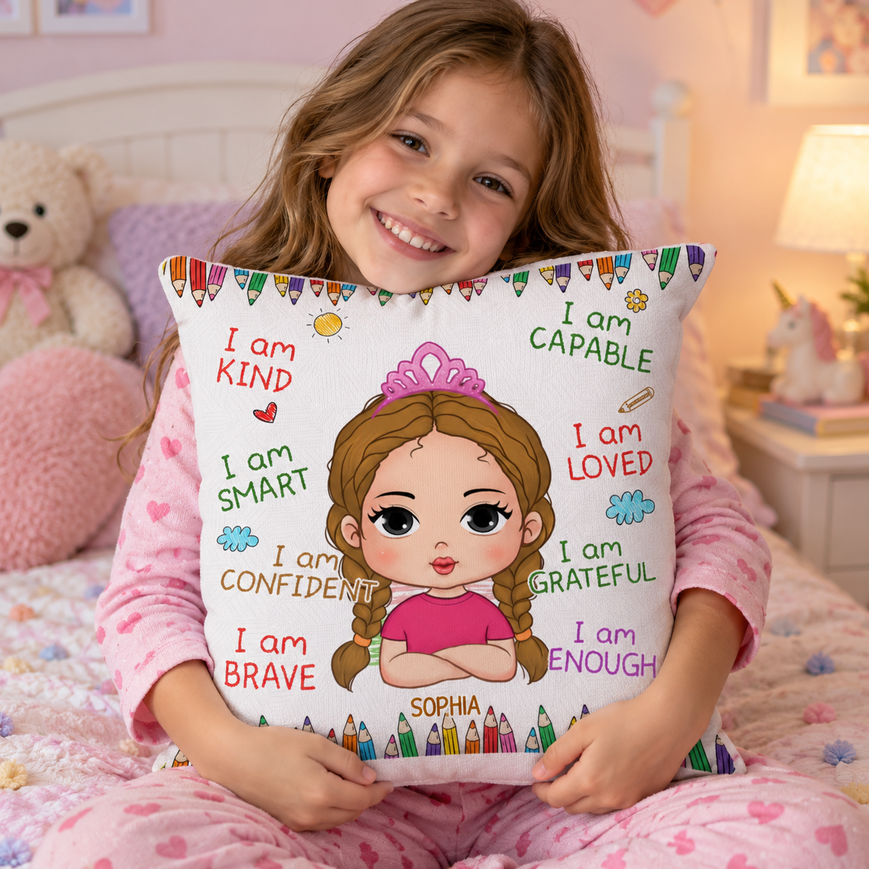 Smiling little girl hugging her personalized I Am Kind Smart Loved pillow