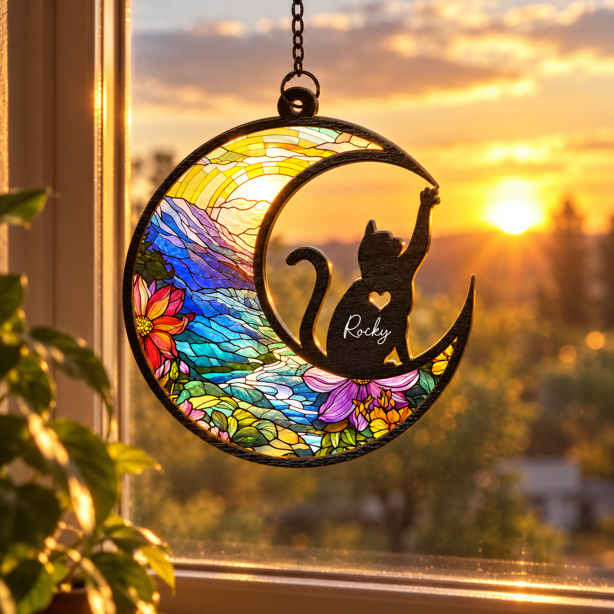 Personalized cat moon stained glass suncatcher hanging in a sunlit window at sunset
