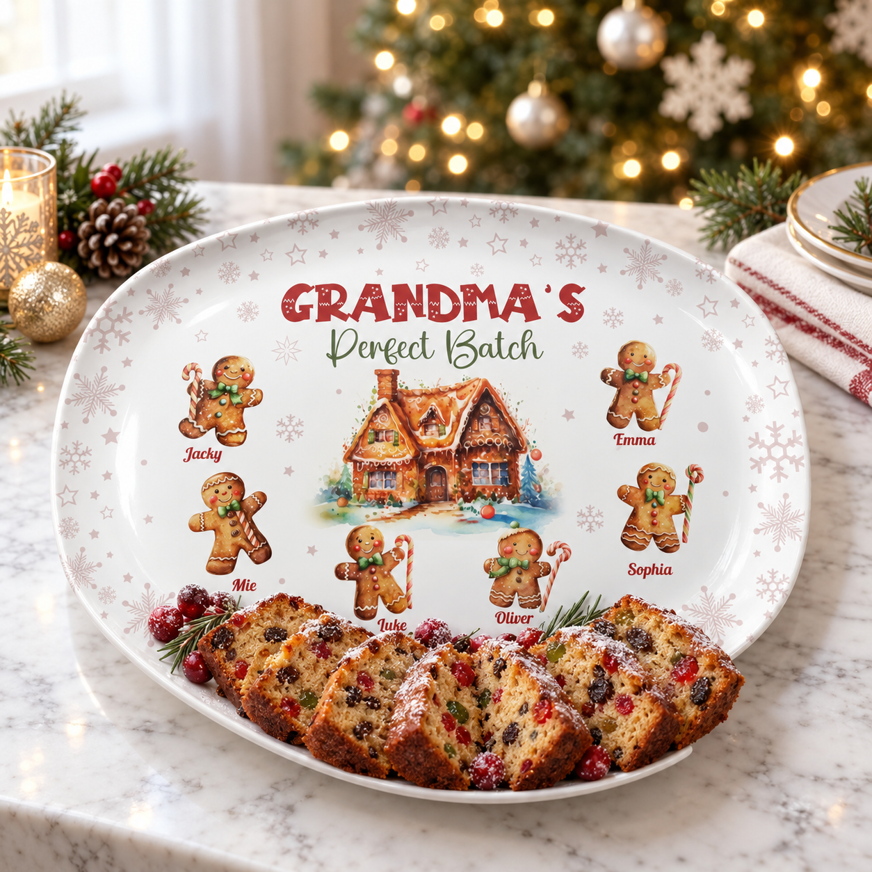 Personalized Christmas platter serving fruit cake on a marble counter beside a Christmas tree