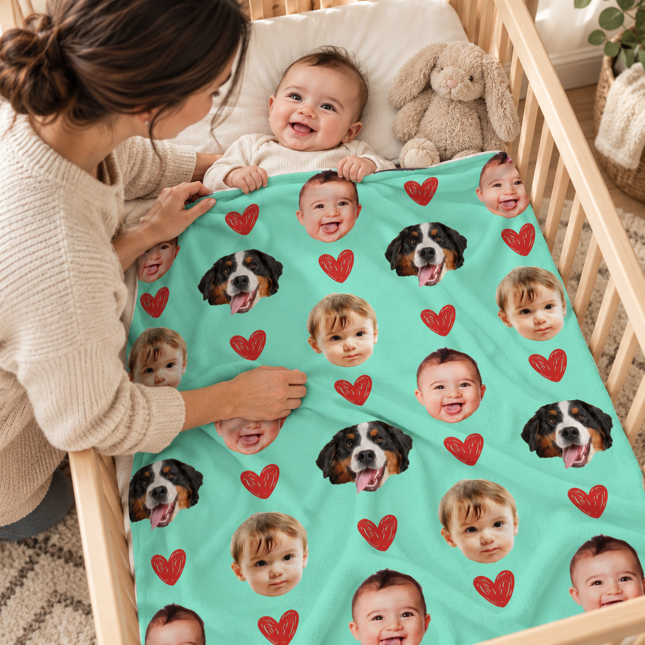Mother tucking baby into a crib with a personalized face photo blanket
