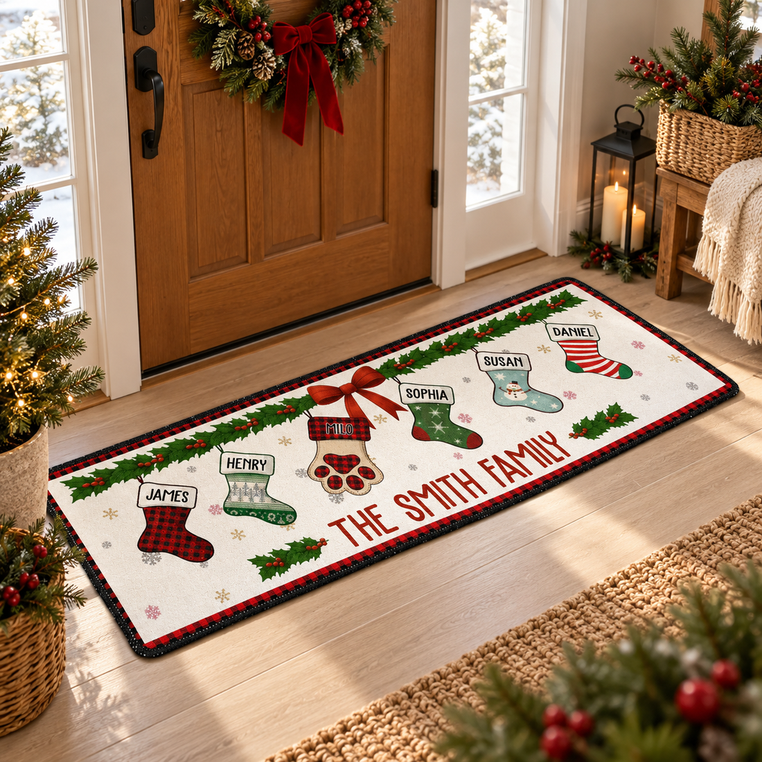 Custom Christmas family runner rug in an entryway with a wreath on the door