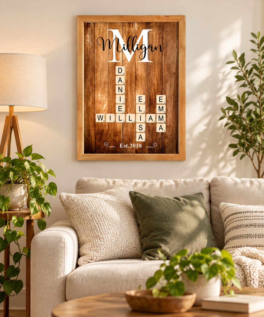 Framed wooden family name crossword art hanging above a living room sofa