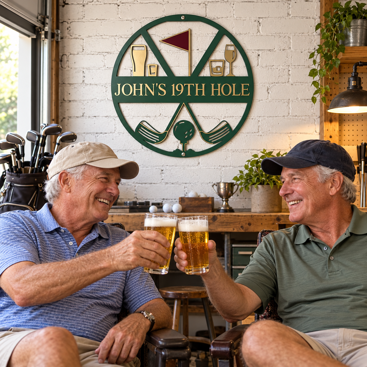 Two golfer friends toasting beer under a personalized 19th Hole metal sign