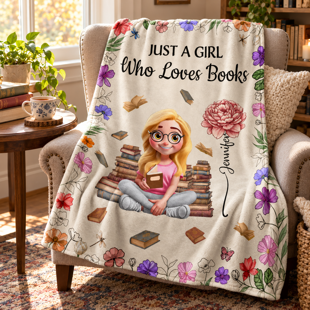 Personalized reading girl birth flower blanket over a reading chair with books and tea