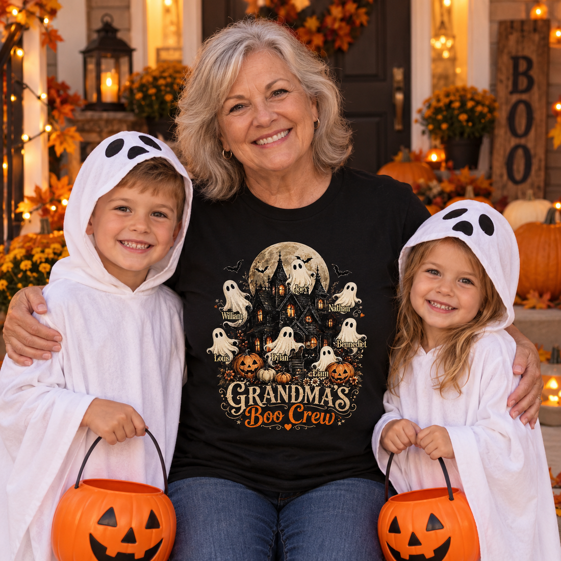 Grandma in a Grandma's Boo Crew Halloween t-shirt with two grandkids in ghost costumes