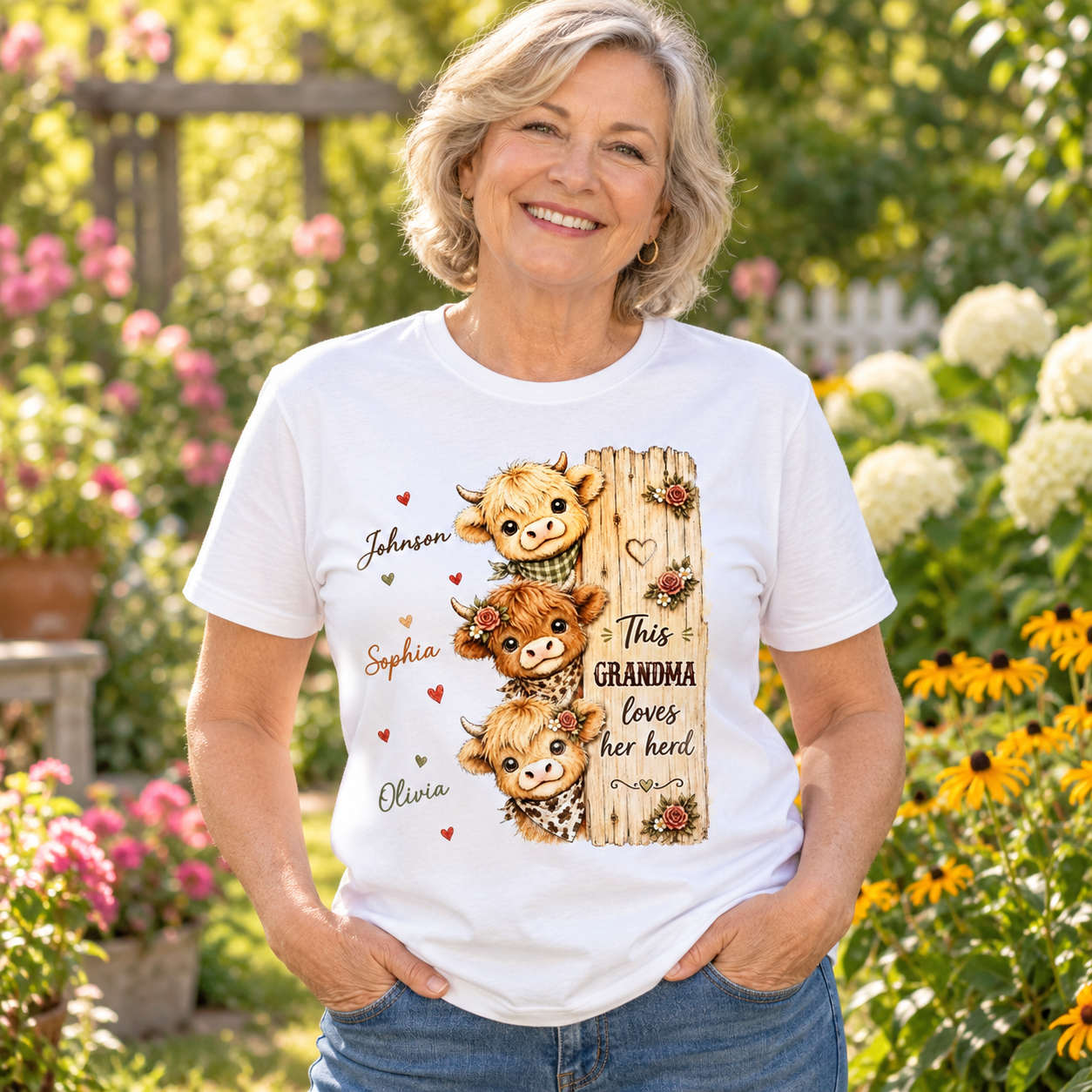Grandma wearing the personalized Highland cow herd t-shirt in a sunny garden