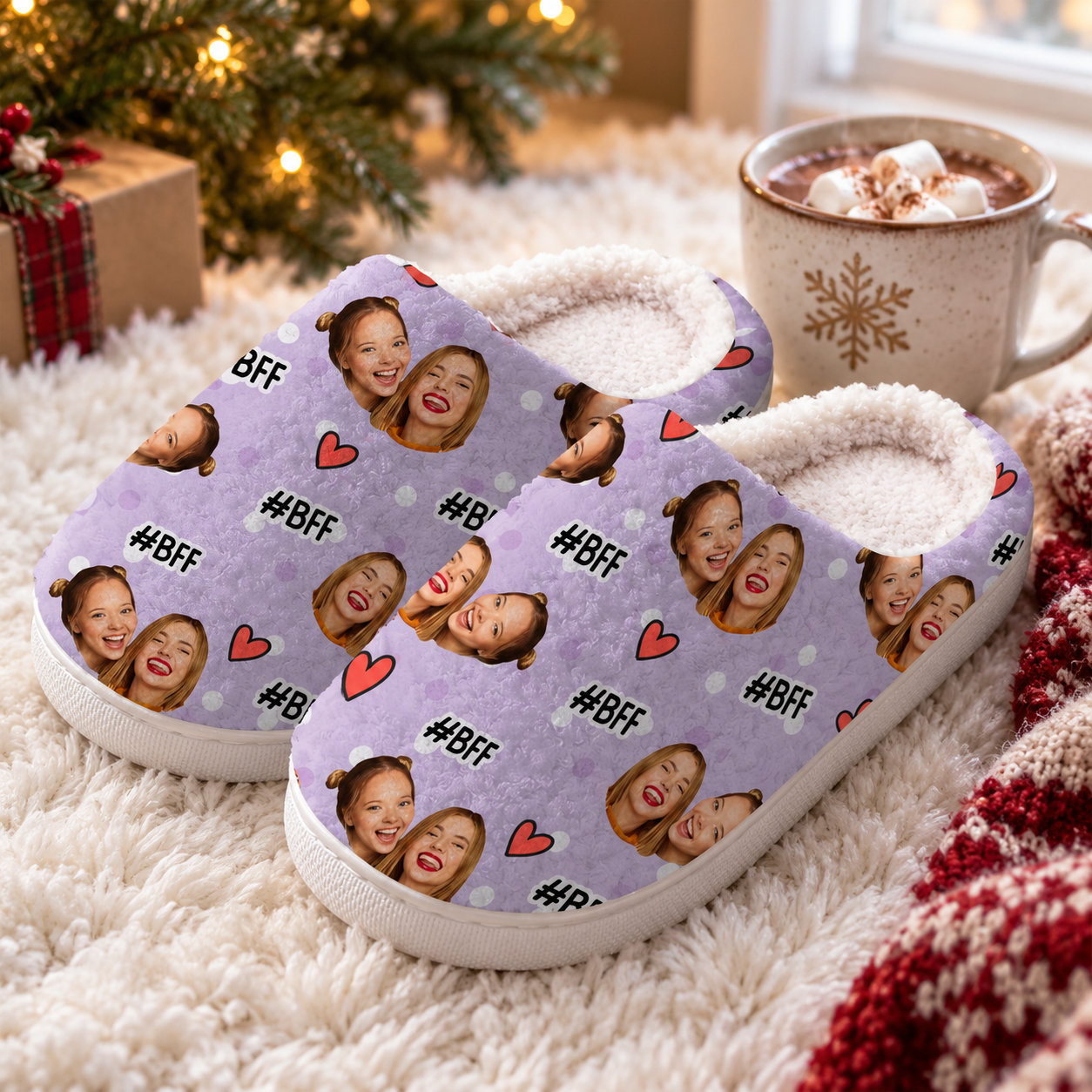 Personalized custom face photo plush slippers on a fluffy rug with hot cocoa