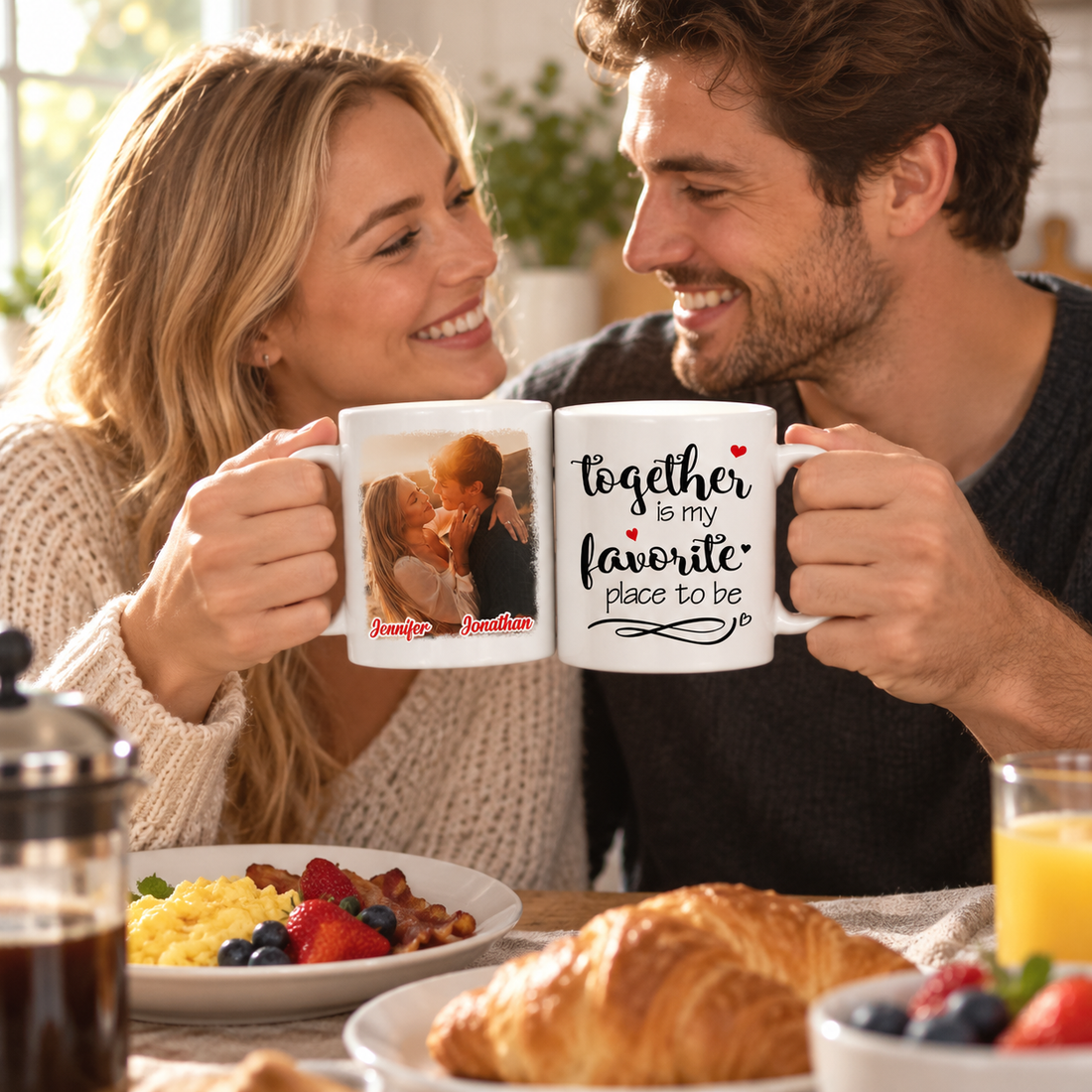 Couple clinking personalized photo mugs with Together Is My Favorite Place To Be at breakfast