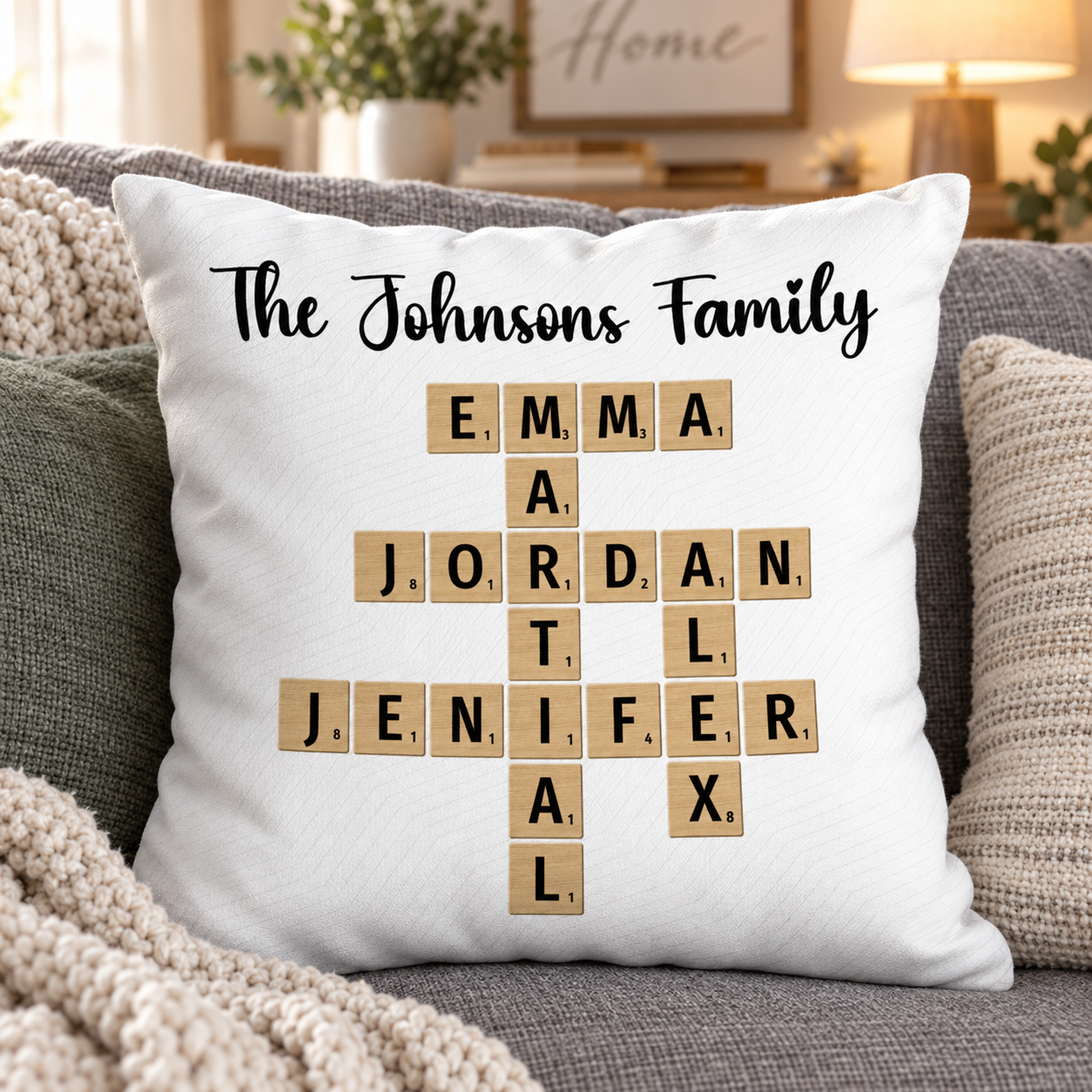 Personalized family crossword name pillow on a gray sofa in a cozy living room