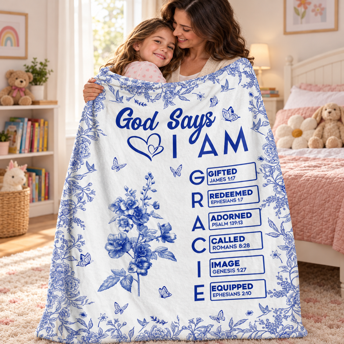 Mother giving her daughter a personalized God Says I Am blue floral blanket