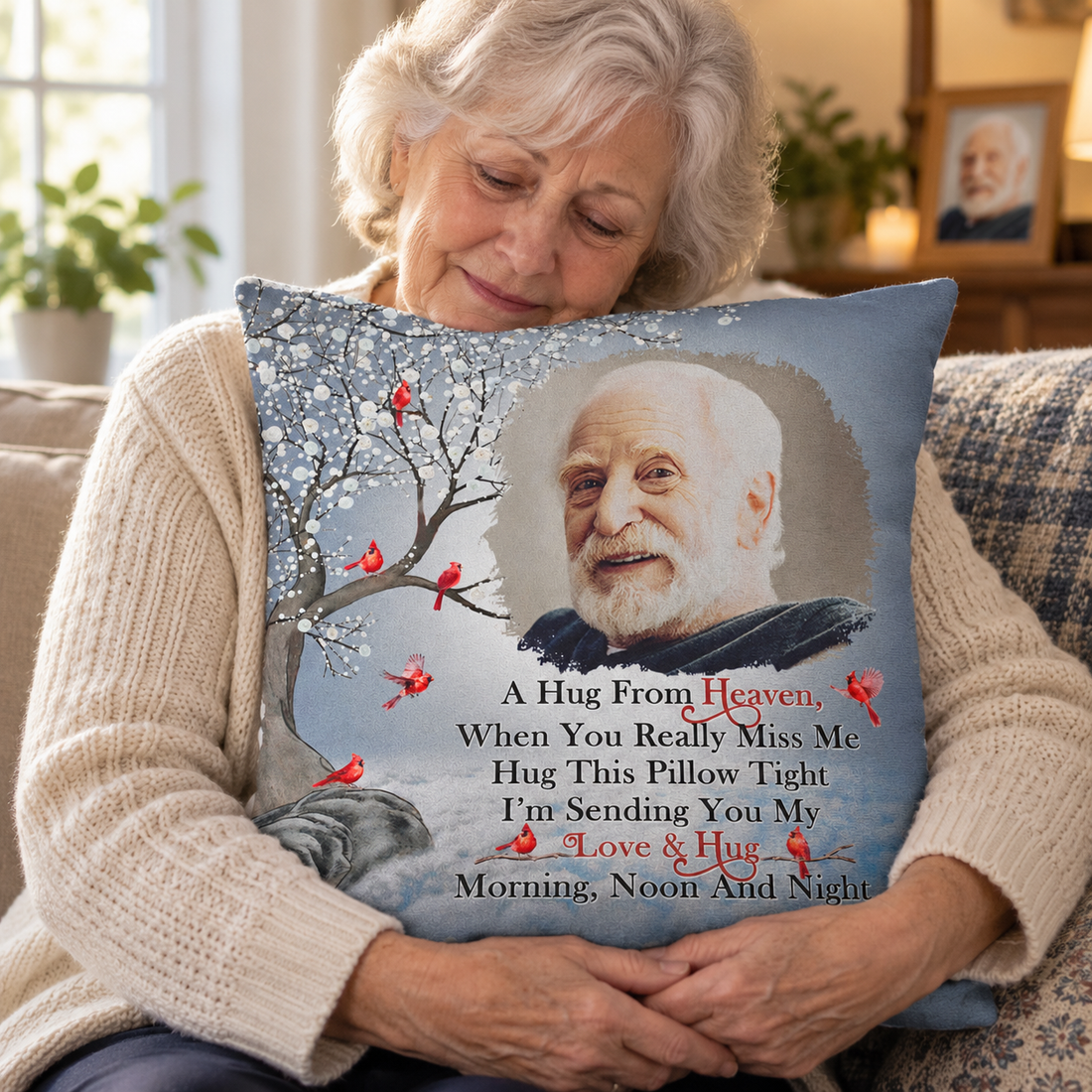 Woman hugging a personalized memorial photo pillow on a sofa