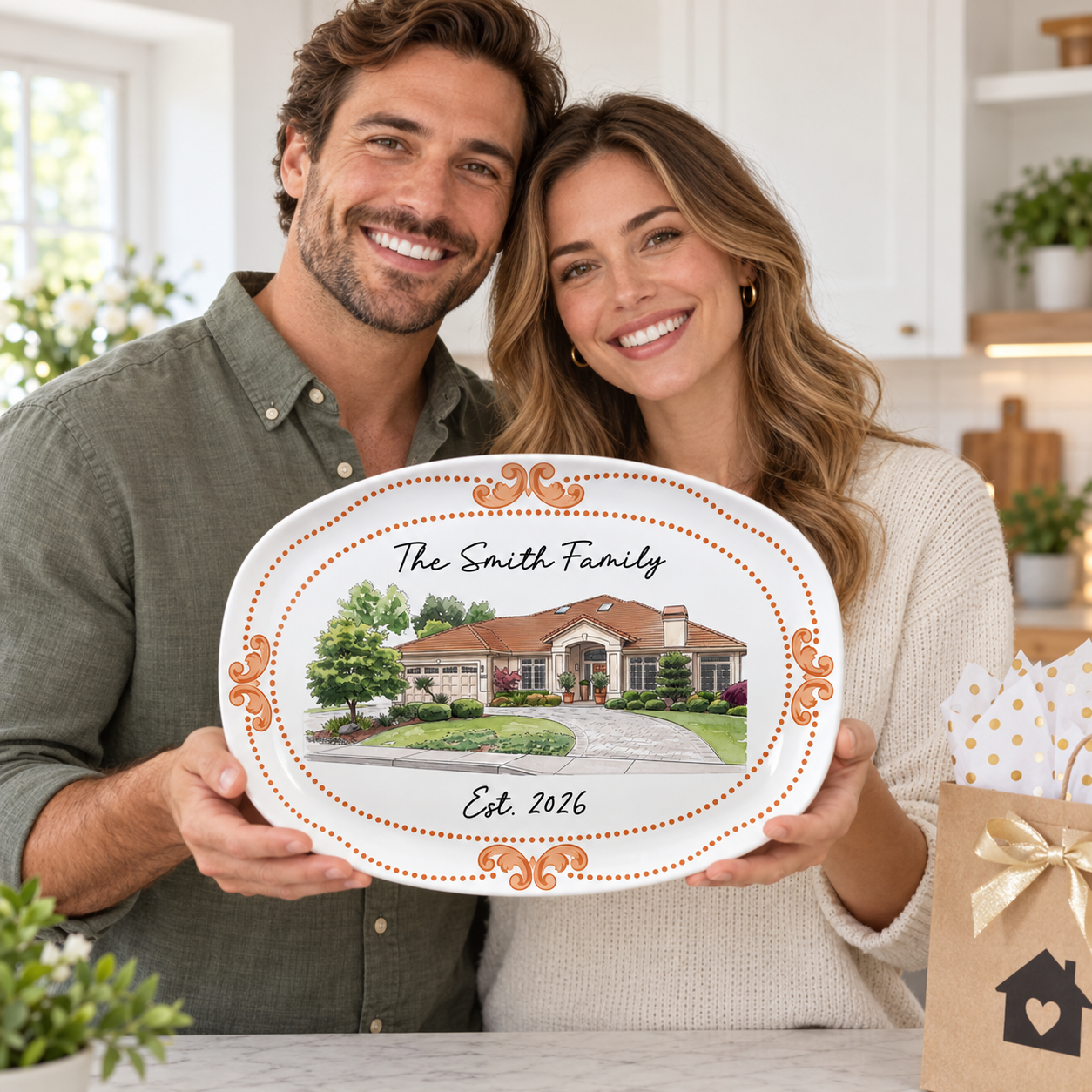 Couple holding a custom Est. 2026 watercolor house platter as a housewarming gift