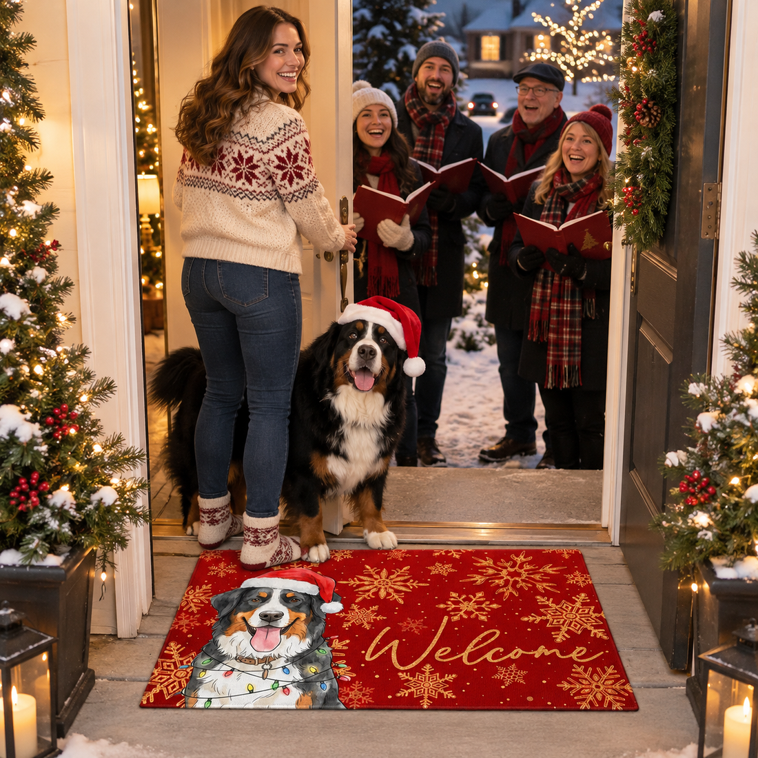 Woman with her Bernese dog on a personalized Christmas welcome doormat greeting carolers