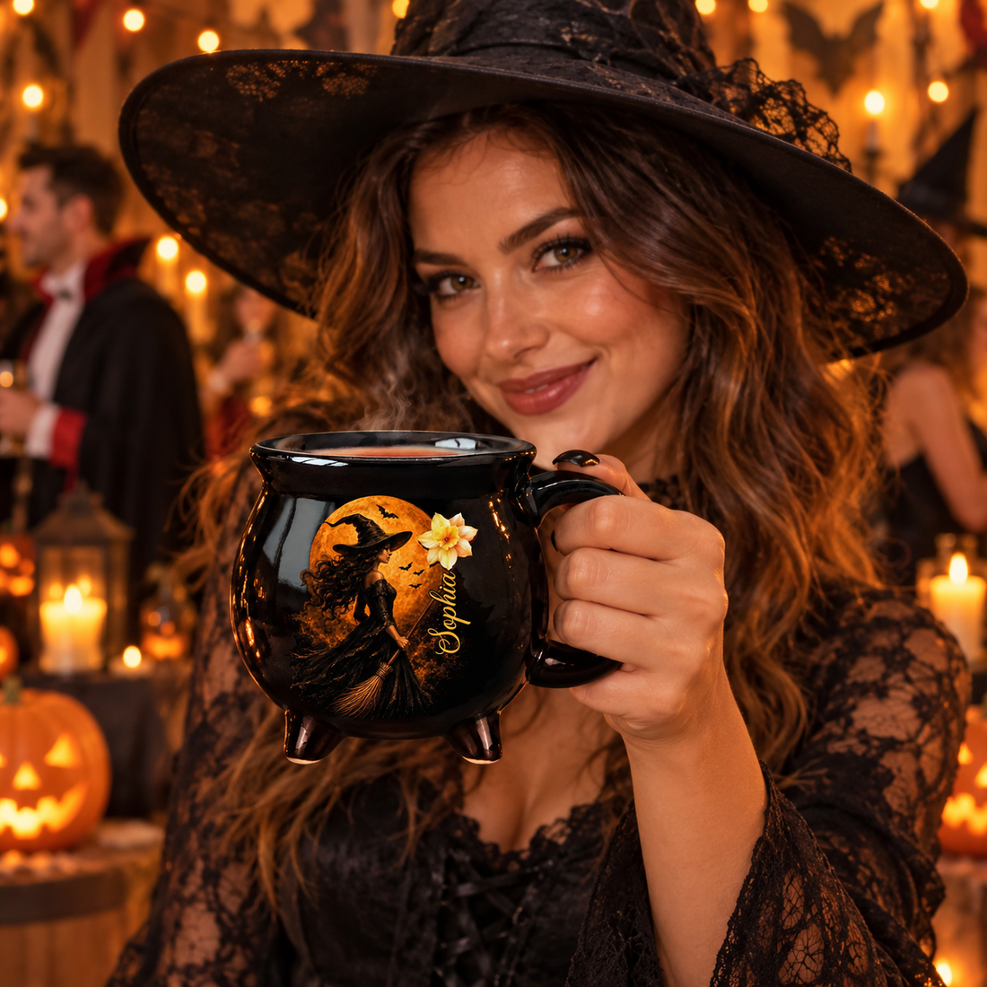 Woman in a witch hat holding a personalized witch cauldron mug