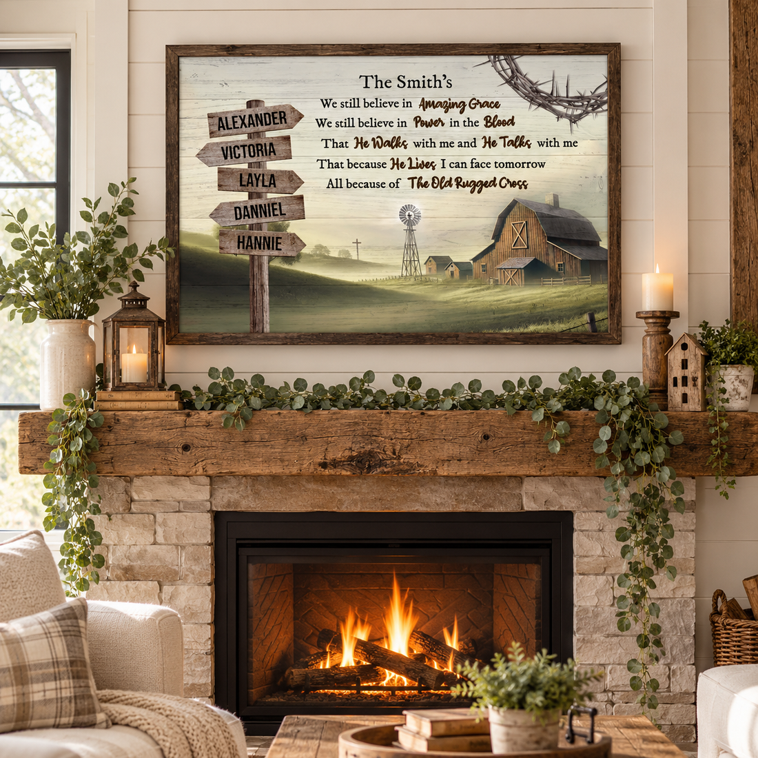 Personalized Amazing Grace farmhouse sign canvas with family names above a rustic fireplace mantel