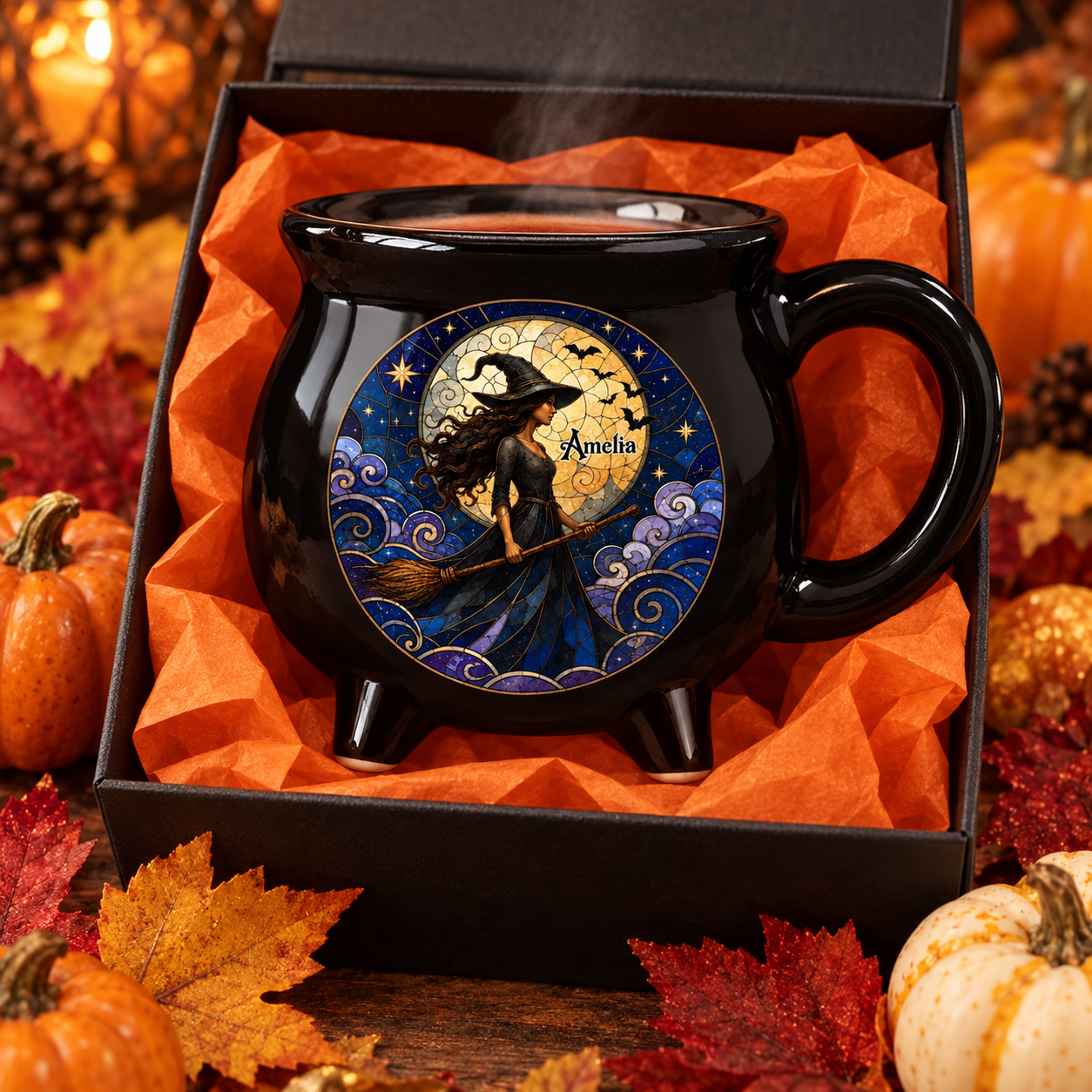Personalized Halloween cauldron mug in a gift box with orange tissue paper