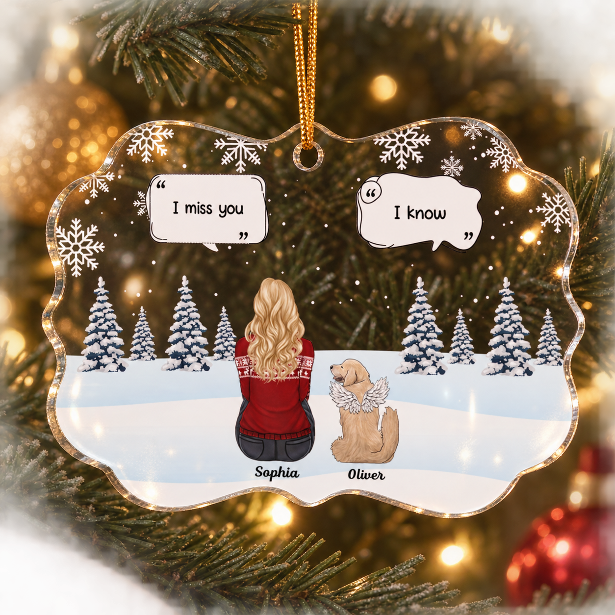 Personalized acrylic memorial ornament with dog and girl hanging on a lit Christmas tree