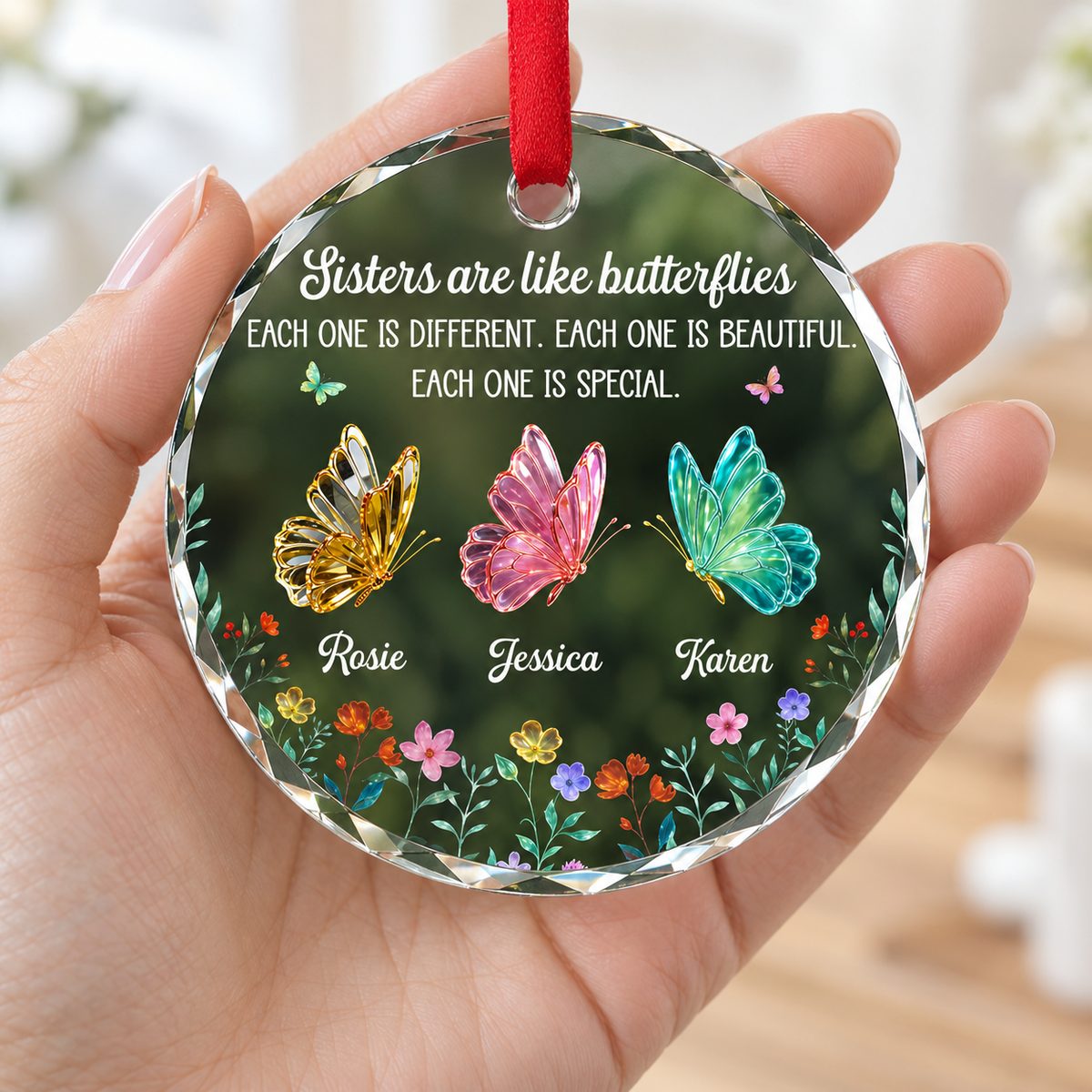 Customer's hand holding the new Personalized Circle Glass Ornament with sister butterflies.
