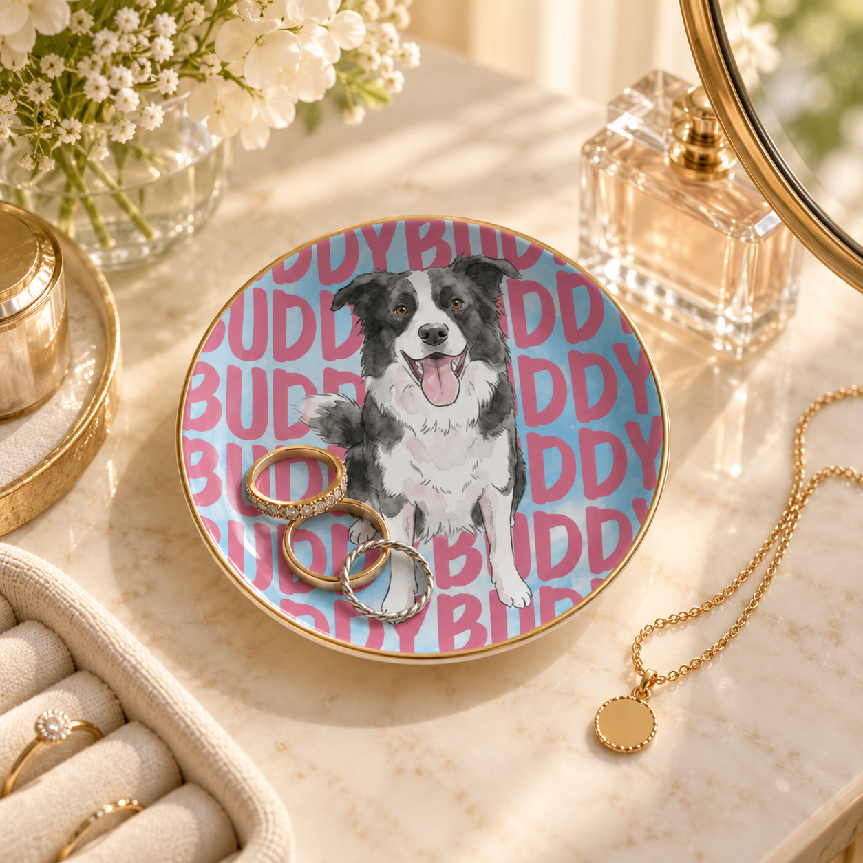 Personalized pet portrait ceramic jewelry dish on a vanity with rings and a necklace