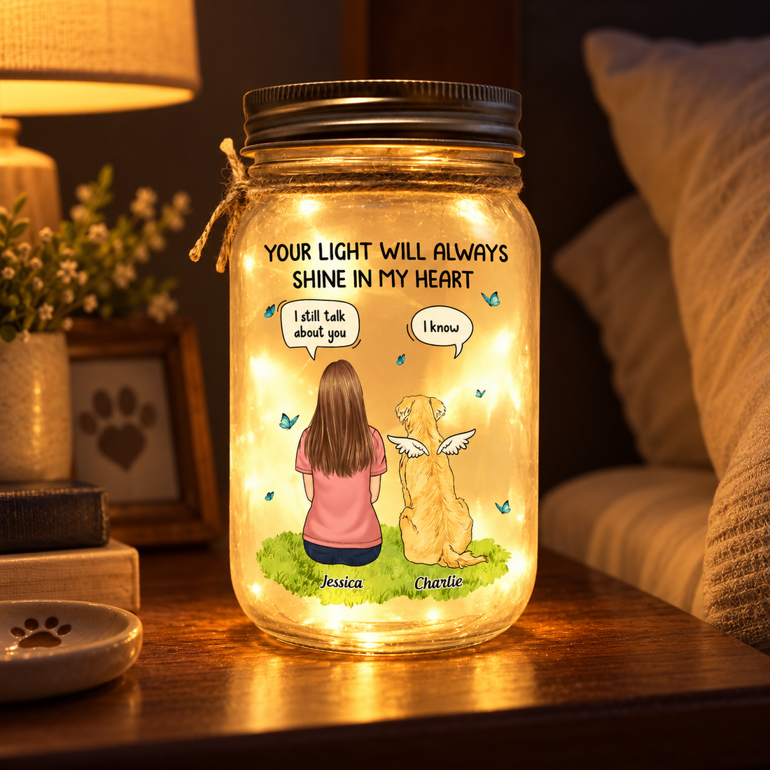 Personalized pet memorial mason jar light glowing on a bedside table in a dim room