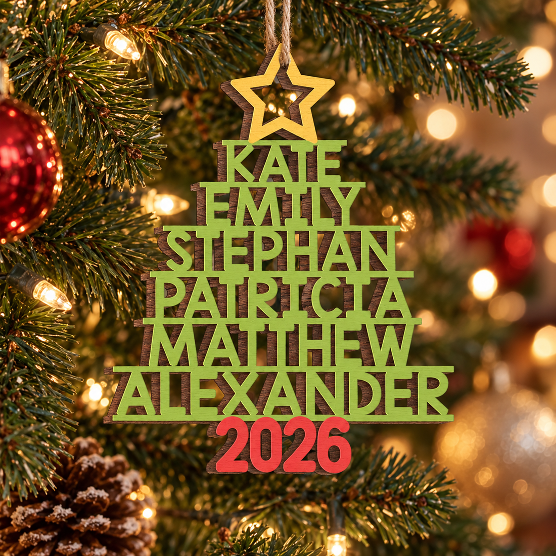 Custom family names wooden tree ornament hanging on a lit Christmas tree