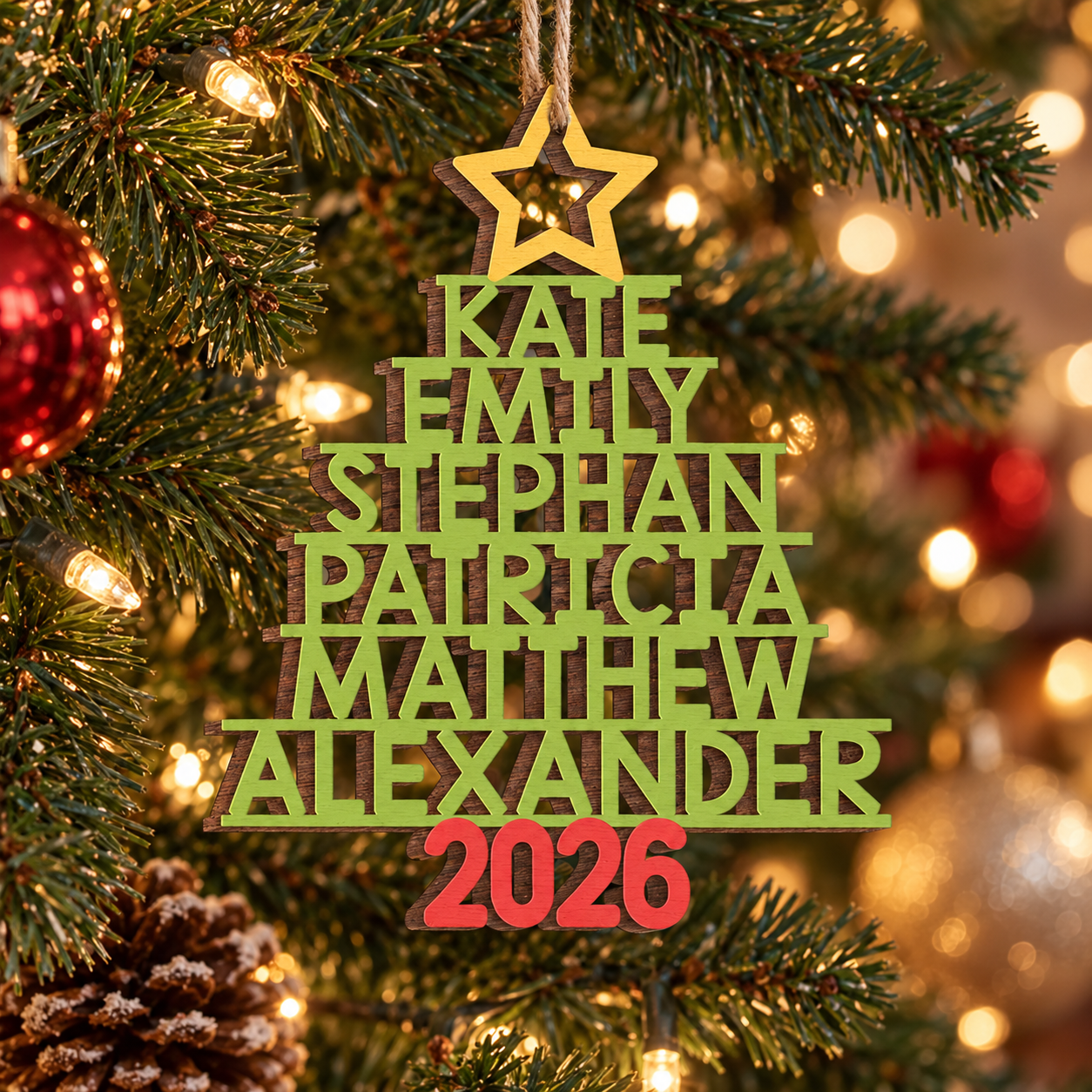 Custom family names wooden tree ornament hanging on a lit Christmas tree