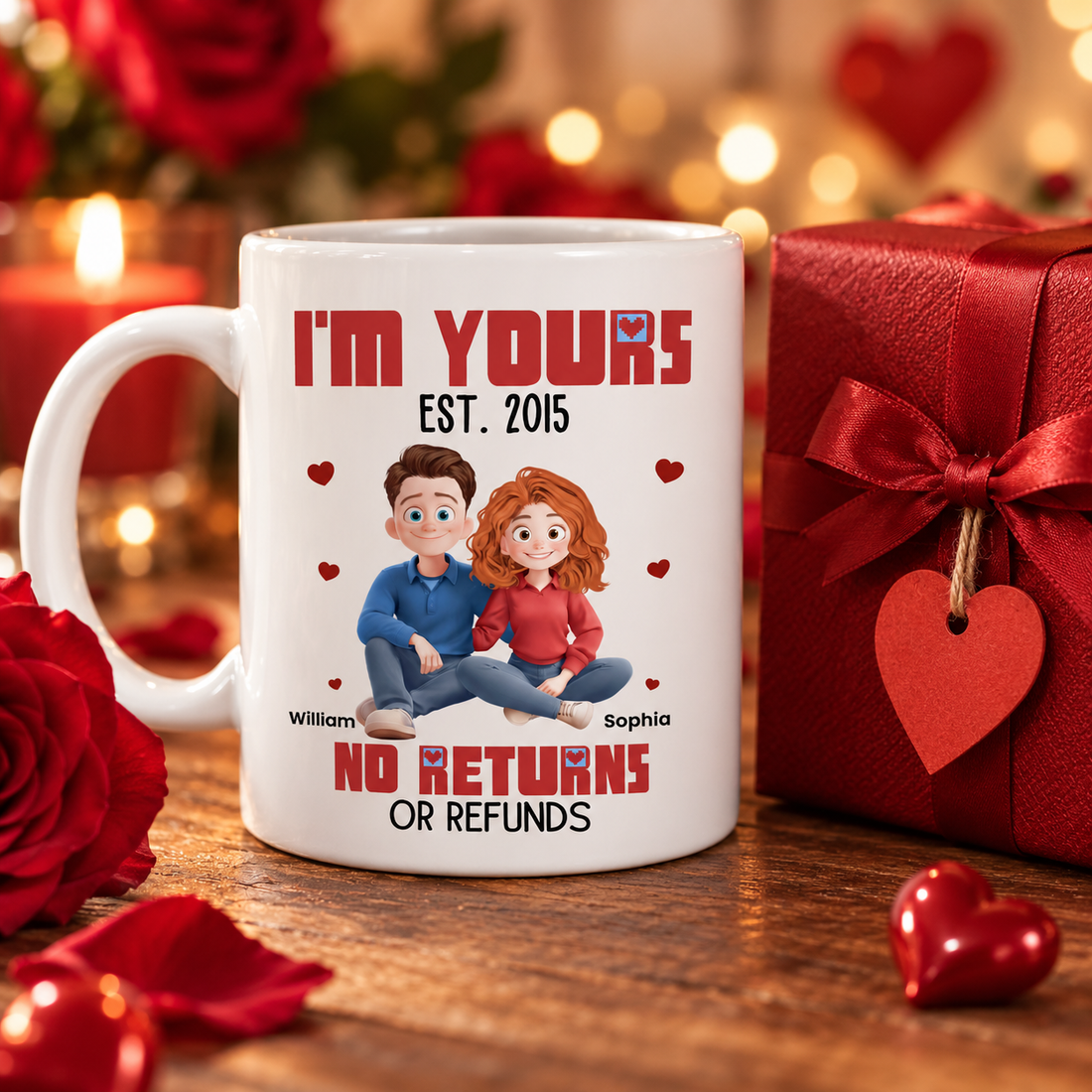 Personalized I'm Yours No Returns Or Refunds couple mug with a Valentine gift box