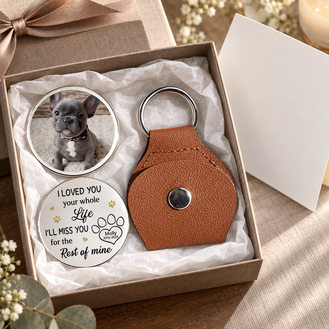 Personalized pet memorial pocket hug token in a gift box with tissue paper