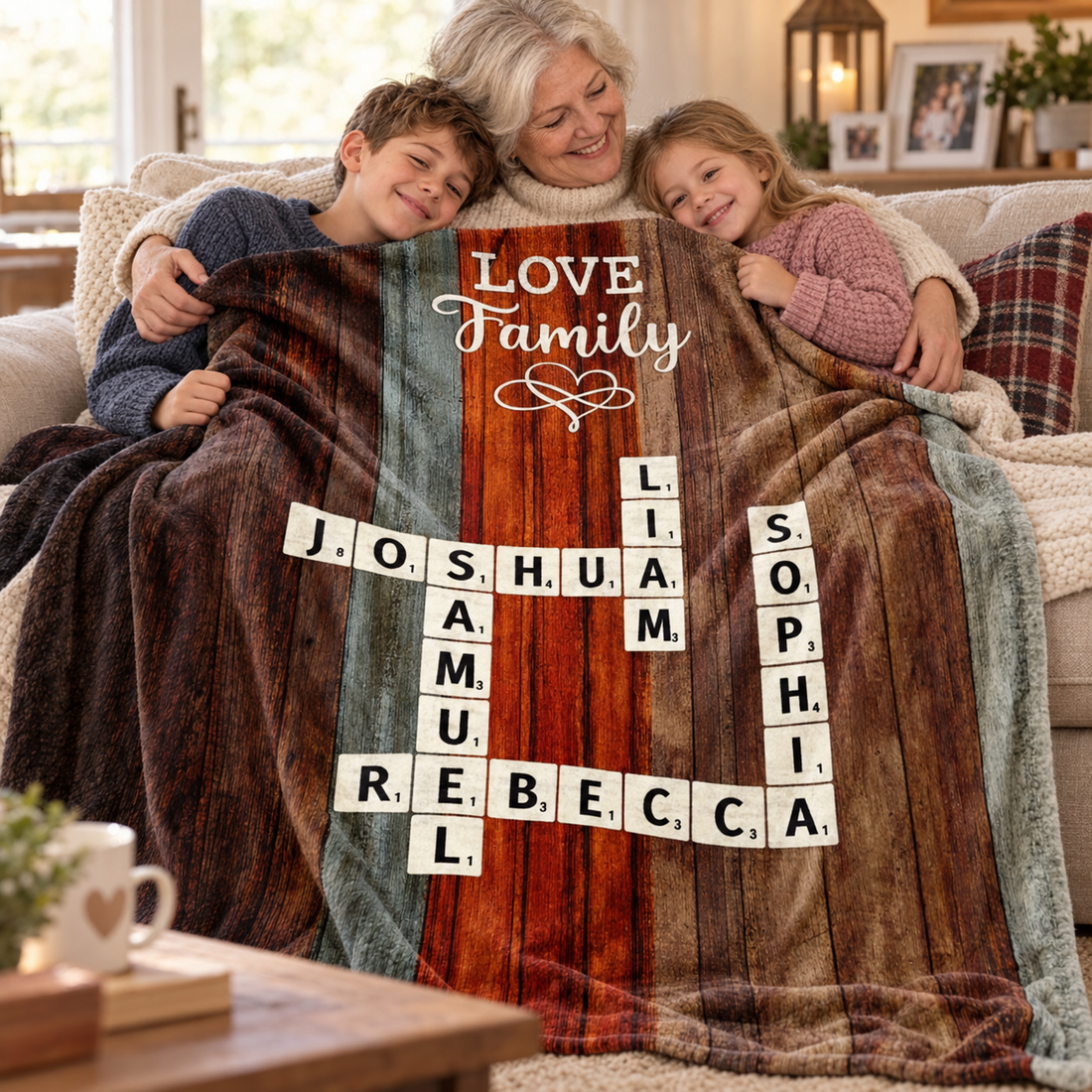 Grandmother and grandchildren snuggled on a sofa under a personalized family crossword blanket