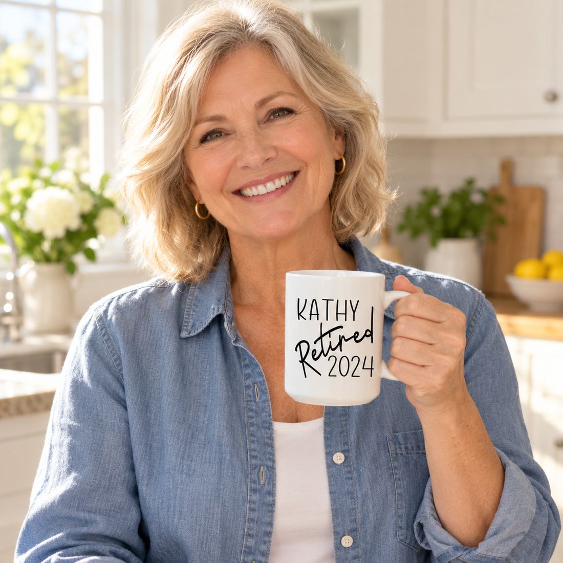 Smiling retired woman holding a custom A Wise Woman Once Said retirement mug in a sunny kitchen