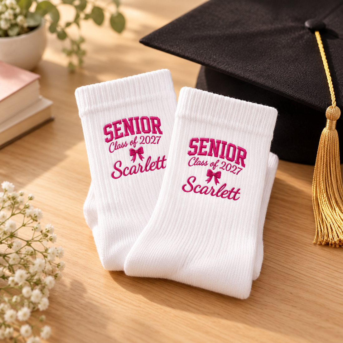 Personalized embroidered senior socks with a graduation cap and tassel