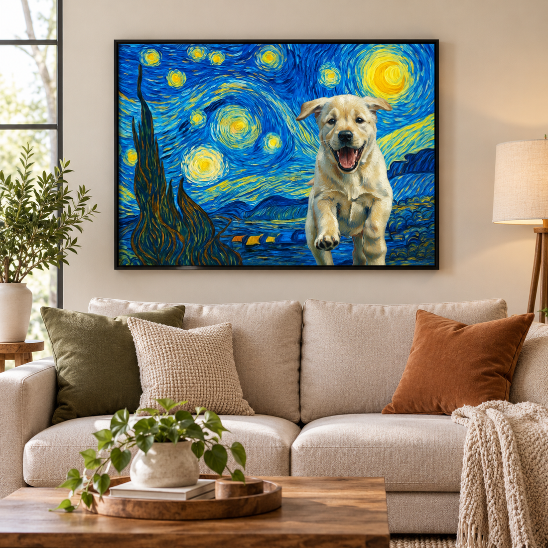 Custom Starry Night style pet canvas print hung above a living room sofa