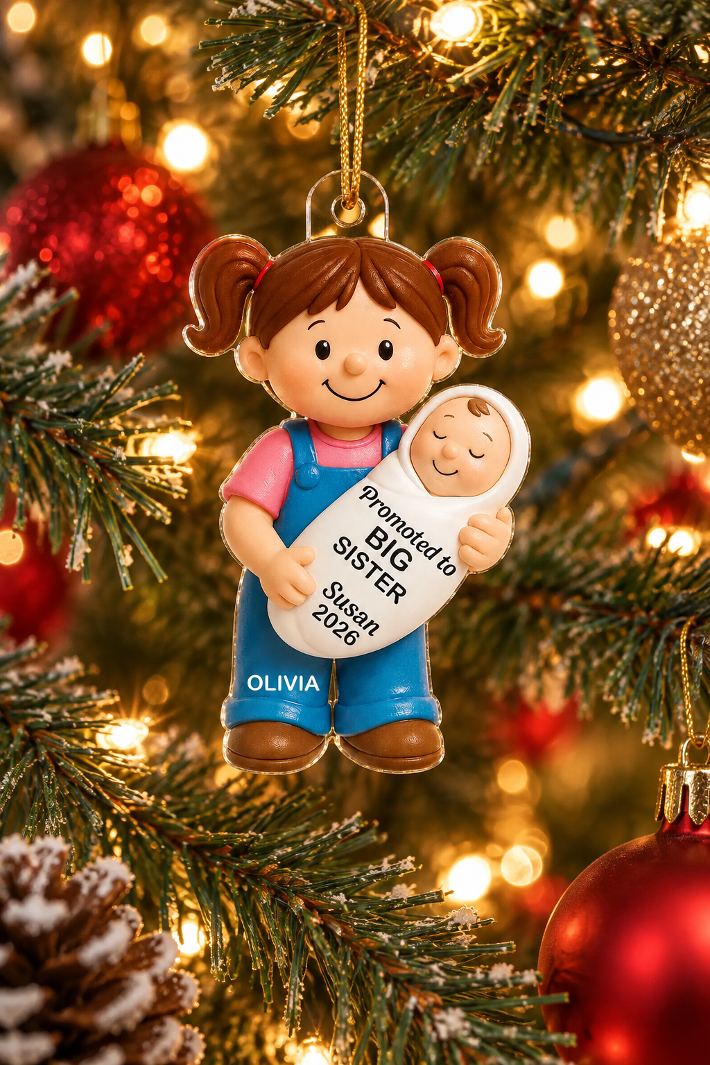 Personalized Promoted to Big Sister ornament on a decorated Christmas tree