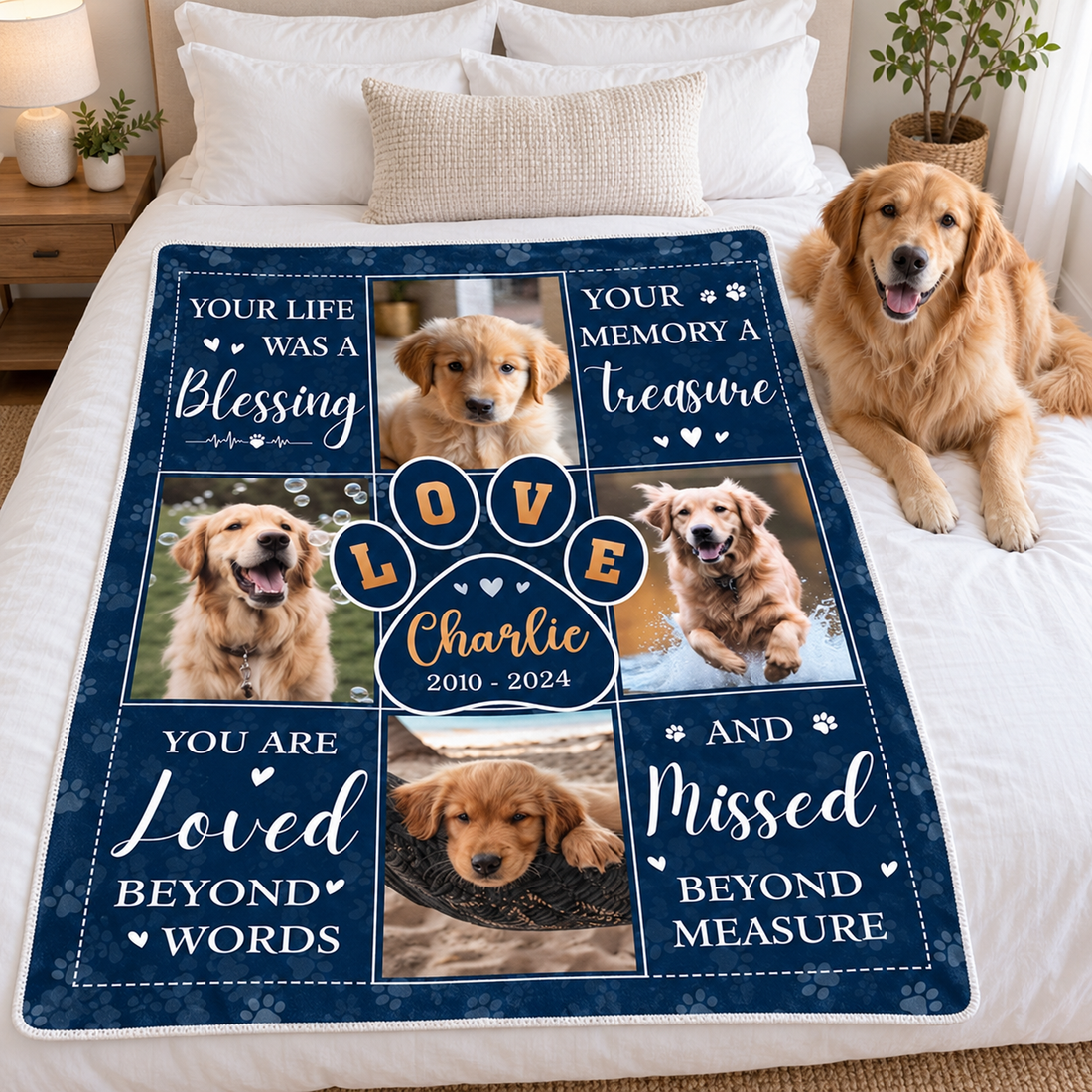 Pet memorial photo blanket with golden retriever photos and name Charlie on a bed with a golden retriever beside it